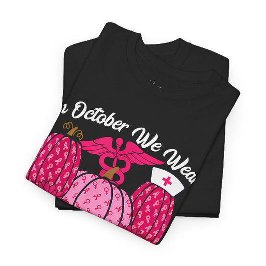 Black t-shirt with pink graphic and text 'In October We Wear' on a white background