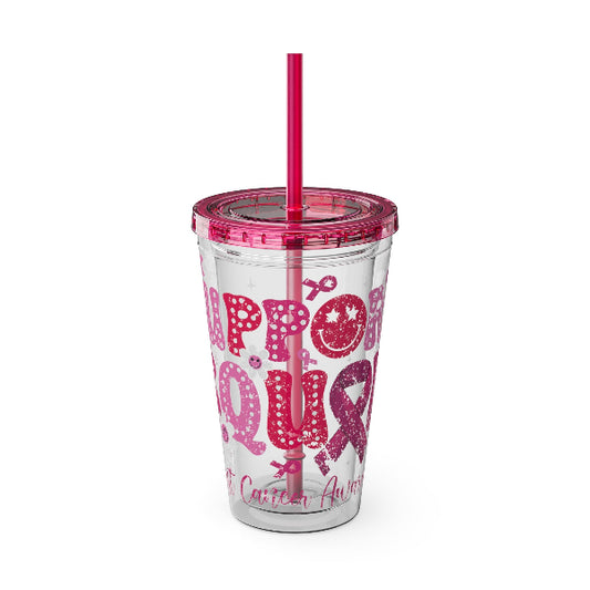 Pink tumbler with 'Support' and breast cancer awareness ribbons on a white background