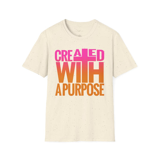 Beige t-shirt with 'CREATED WITH A PURPOSE' text in pink and orange on a white background