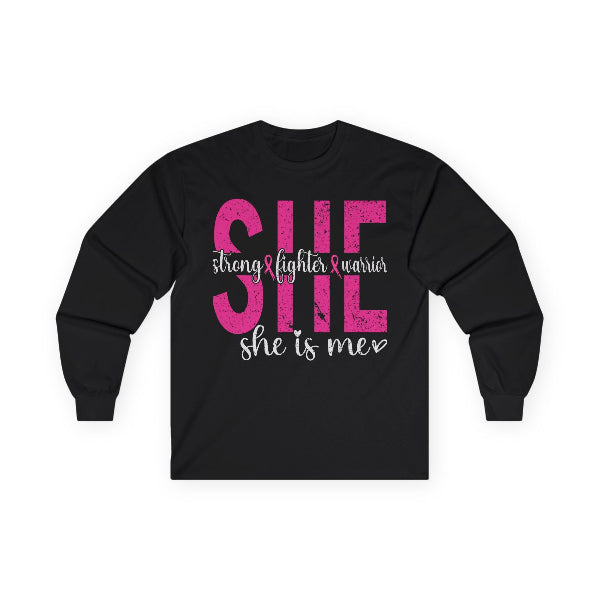 Black long-sleeve shirt with pink and white text on a white background