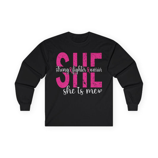 Black long-sleeve shirt with pink and white text on a white background