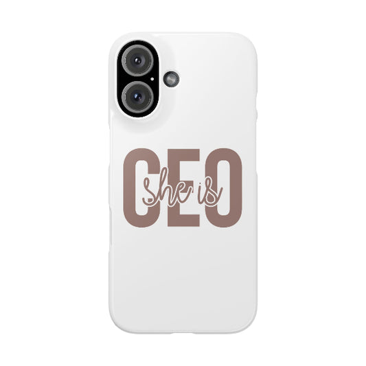 Phone case with 'She is CEO' text on a white background