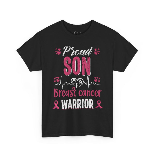 Black t-shirt with pink and white text and graphics on a white background