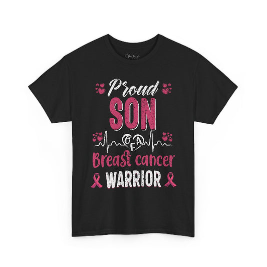 Black t-shirt with pink and white text and graphics on a white background