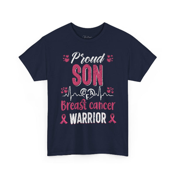 Navy blue t-shirt with 'Proud Son Breast Cancer Warrior' text and graphics on a white background