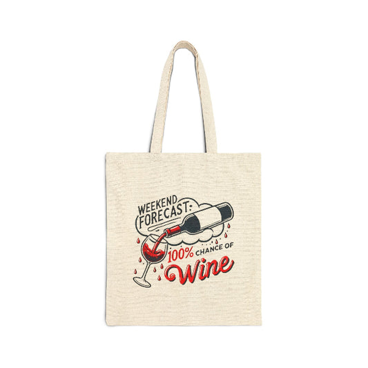 Beige tote bag with wine-themed design and text on a white background