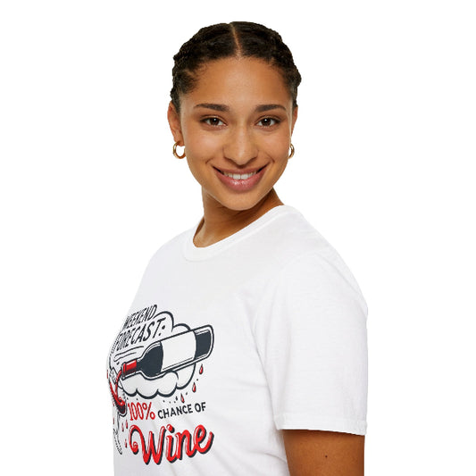 Person wearing a white t-shirt with a graphic design on a white background